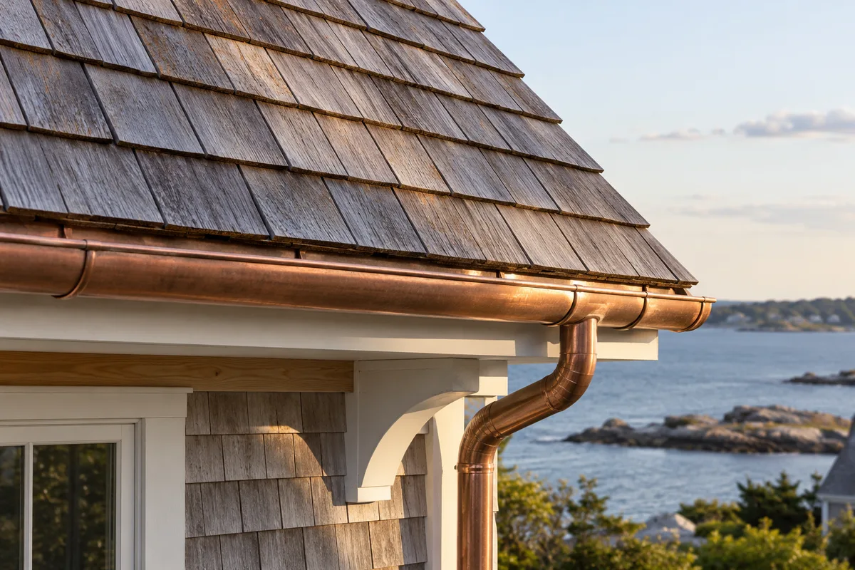 Weathered cedar roofing, wood eave and copper gutter