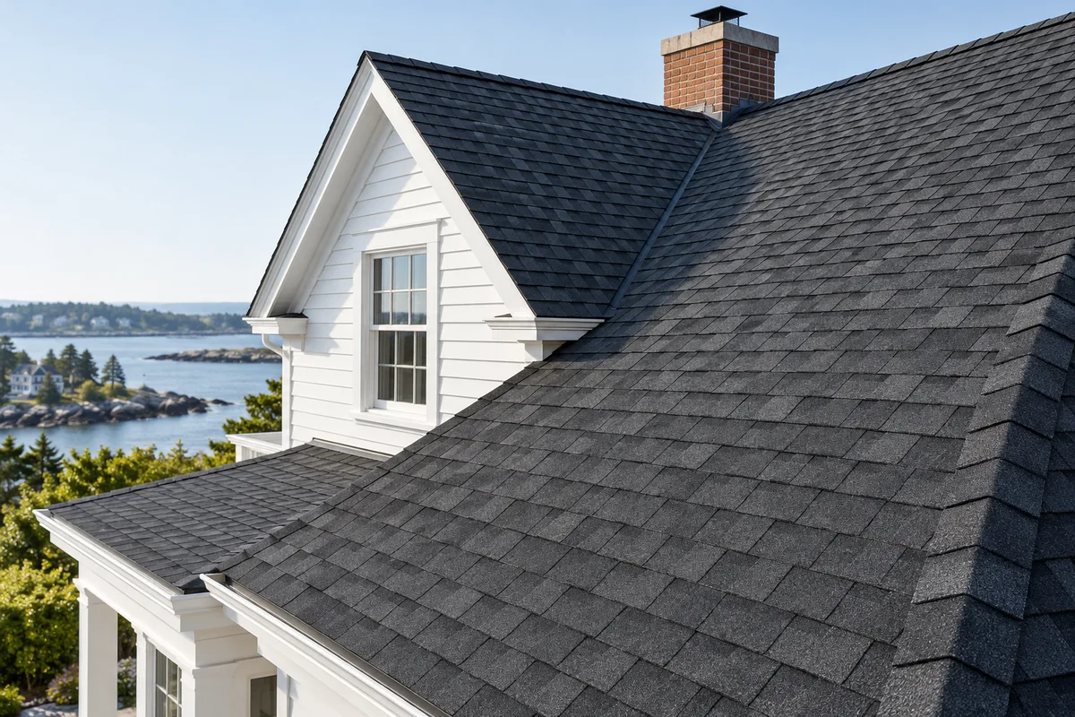 Layered architectural asphalt shingles in charcoal gray