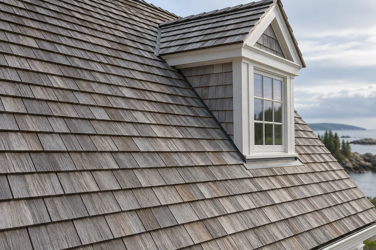 Weathered cedar roof shingles with natural color variation