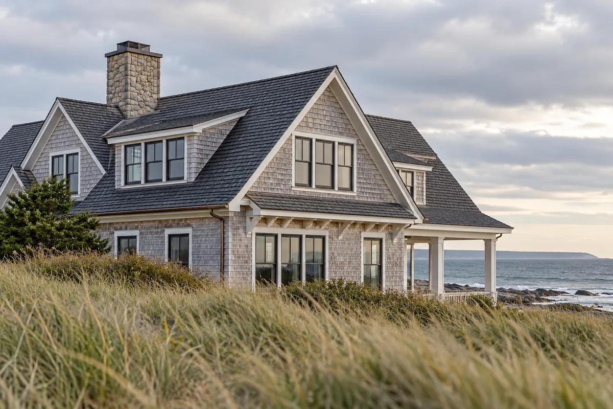 Coastal house roof rising above dune grass