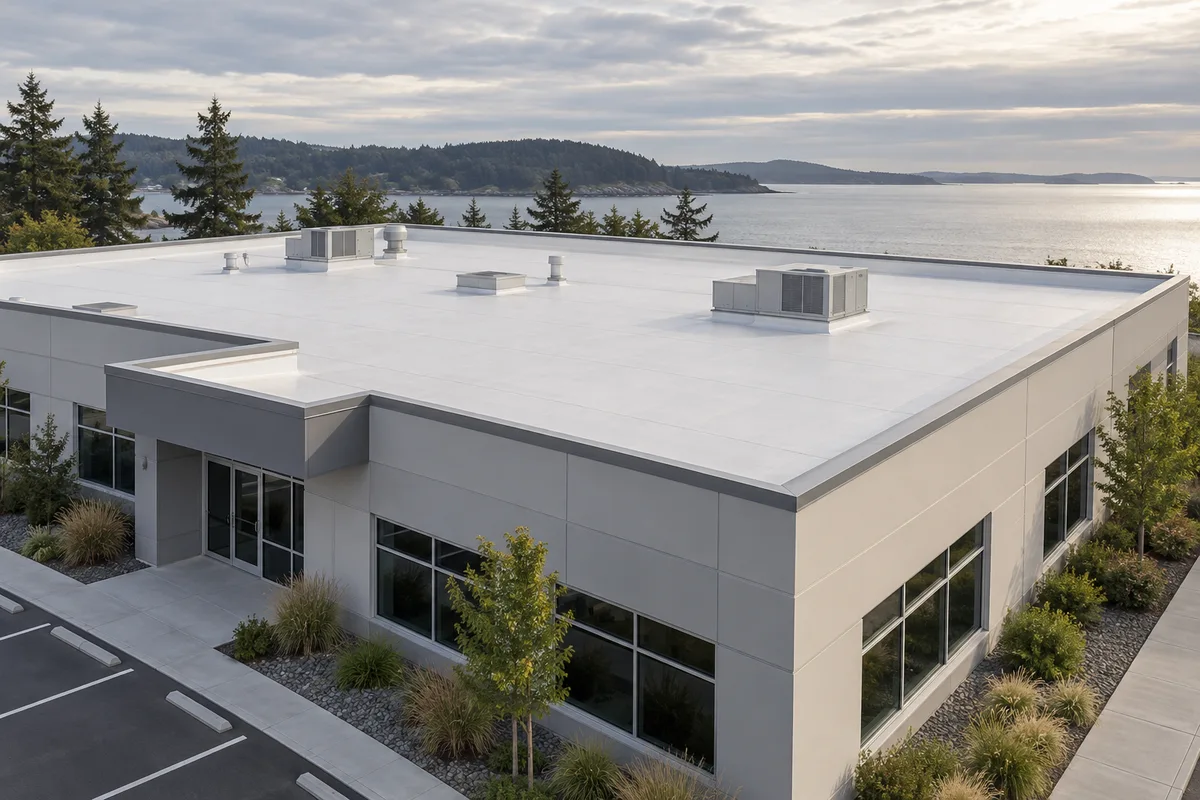Commercial building with a low-slope roof and parapet