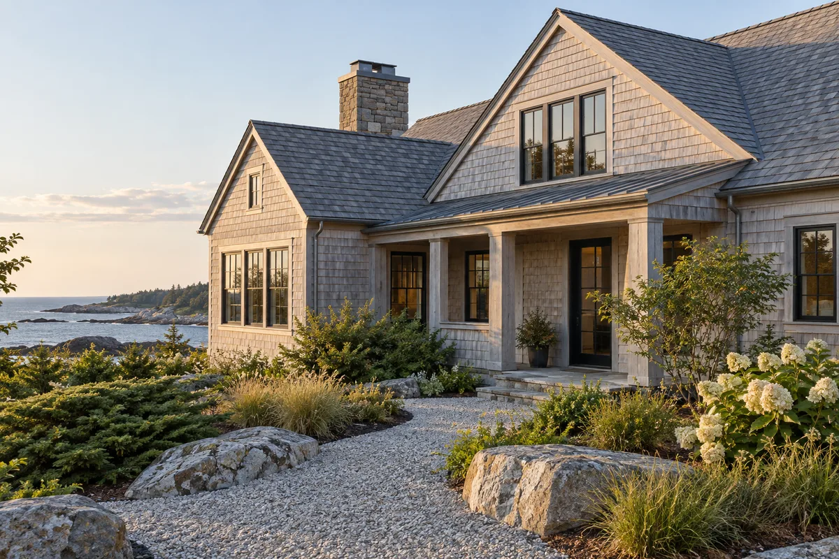 Cedar-clad coastal building beside a landscaped path