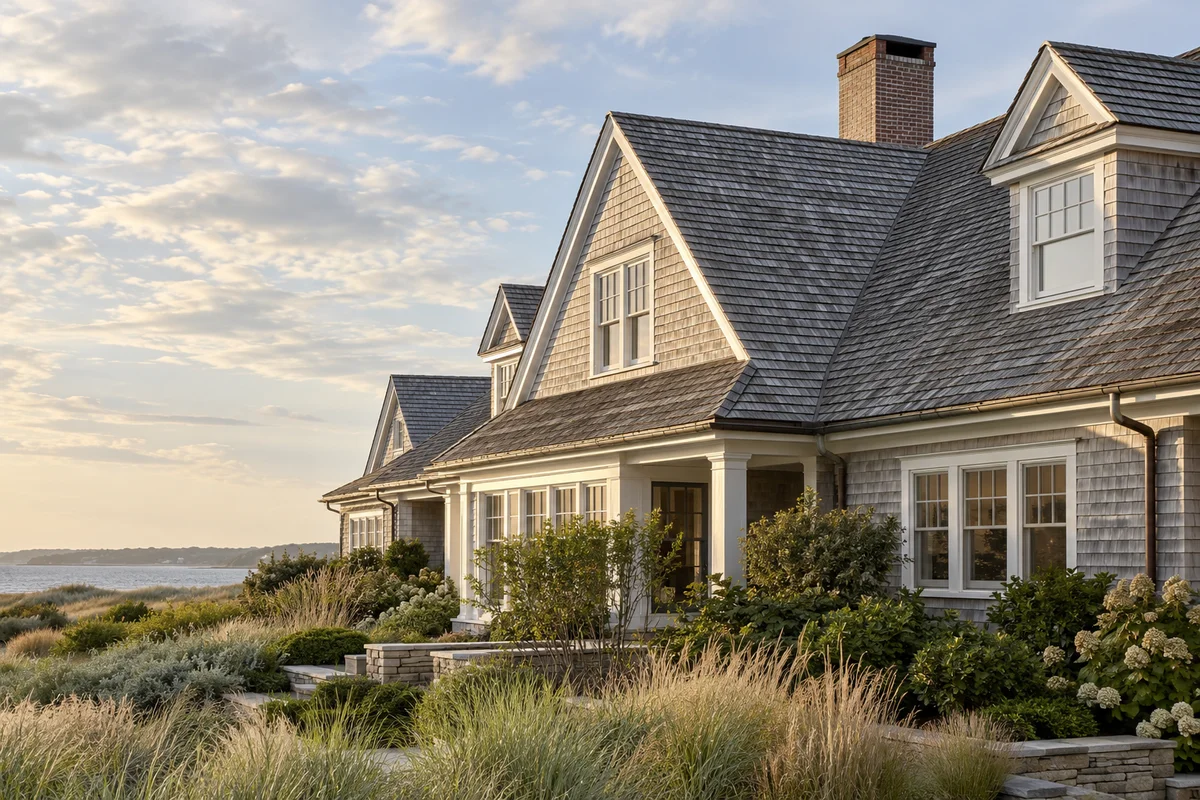Cedar-shingled coastal house with intersecting gabled rooflines