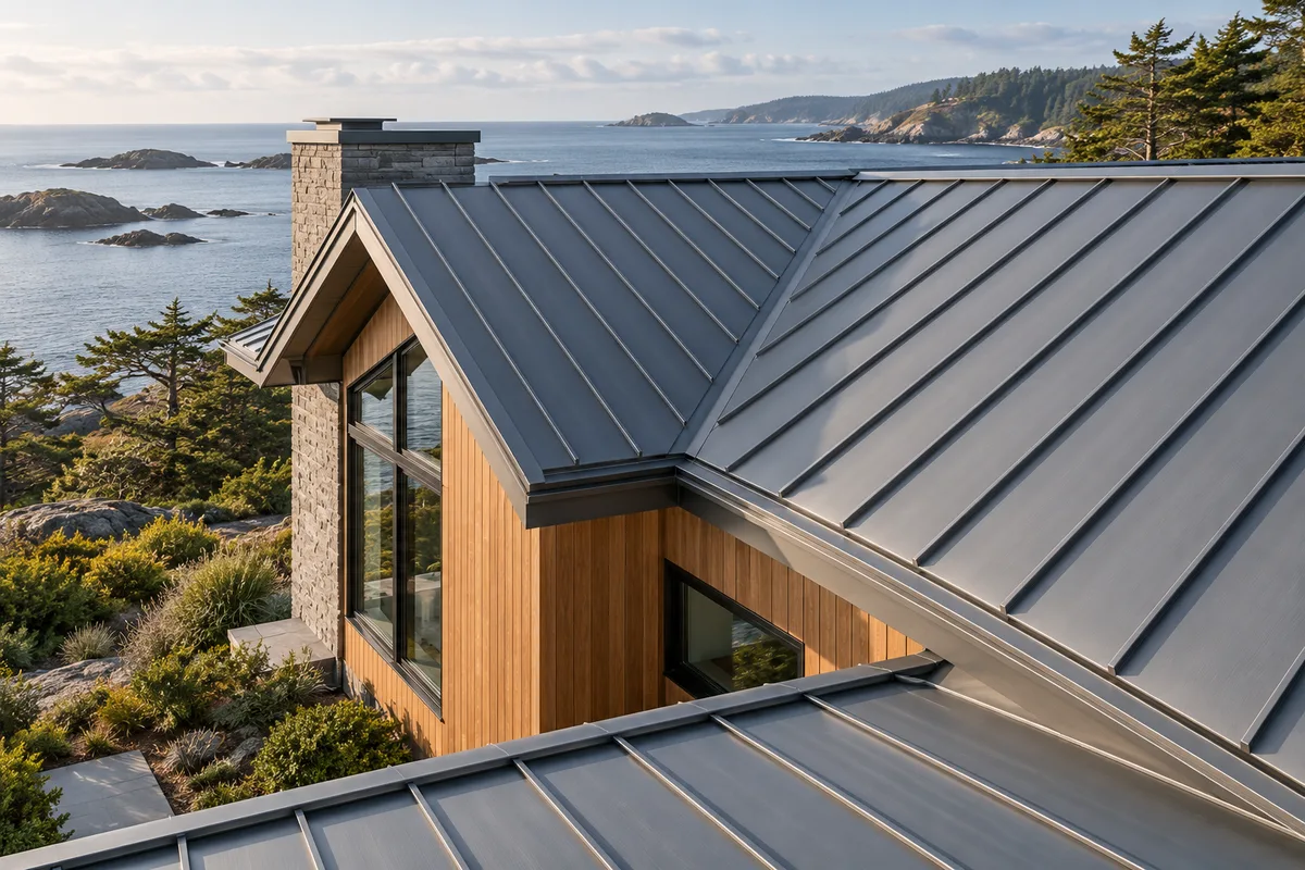Standing seam metal roof on a wood-clad building