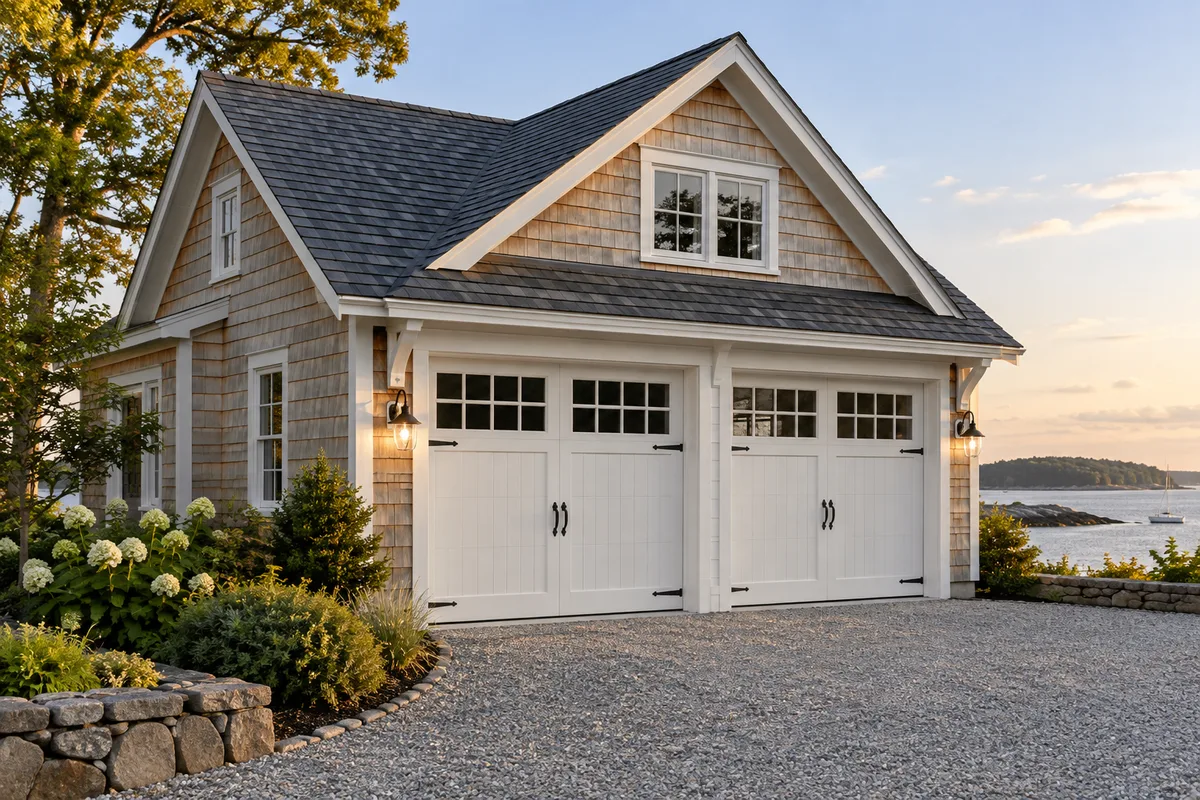Detached garage with a pitched shingle roof