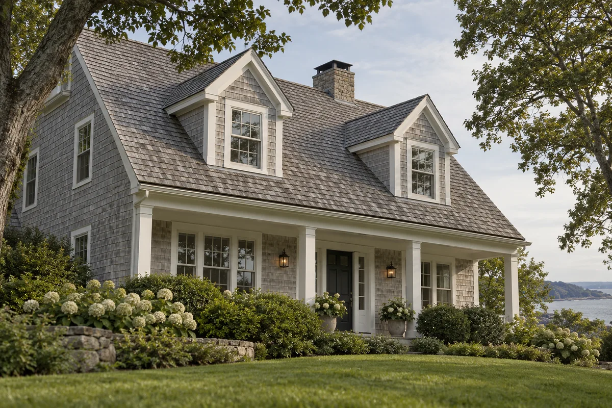 Coastal house with layered gables and a shingled roof