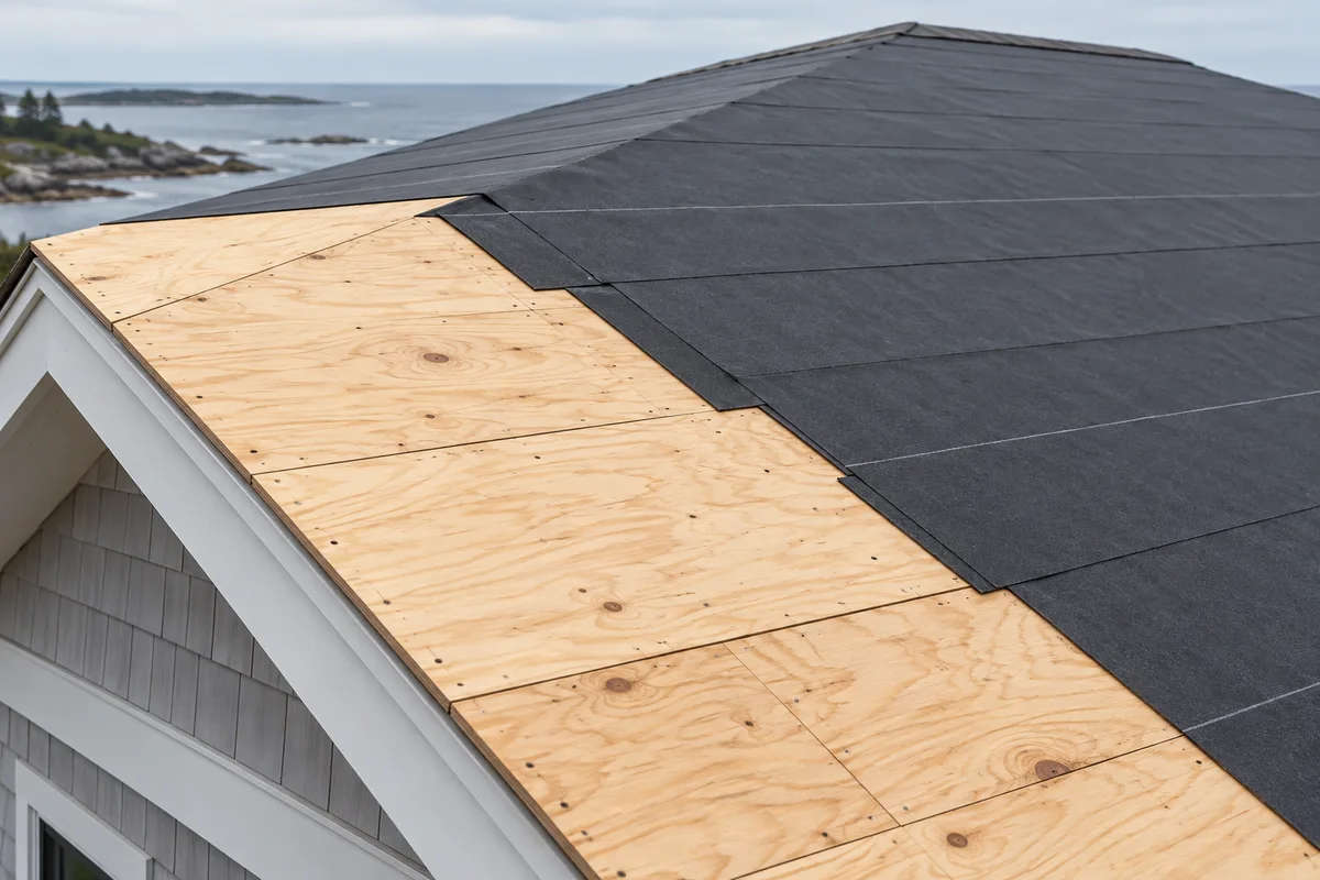 Roof sheathing beside an installed underlayment layer