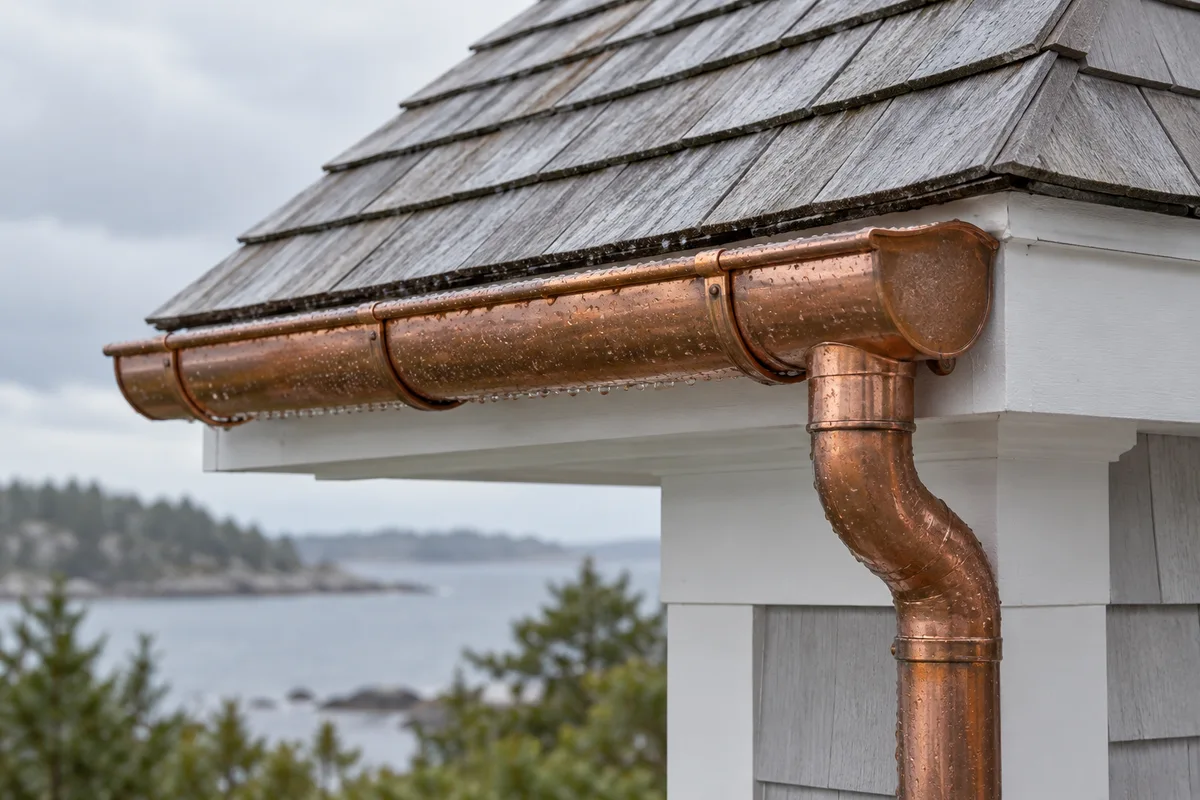 Copper gutter and downspout at the eave of a cedar roof