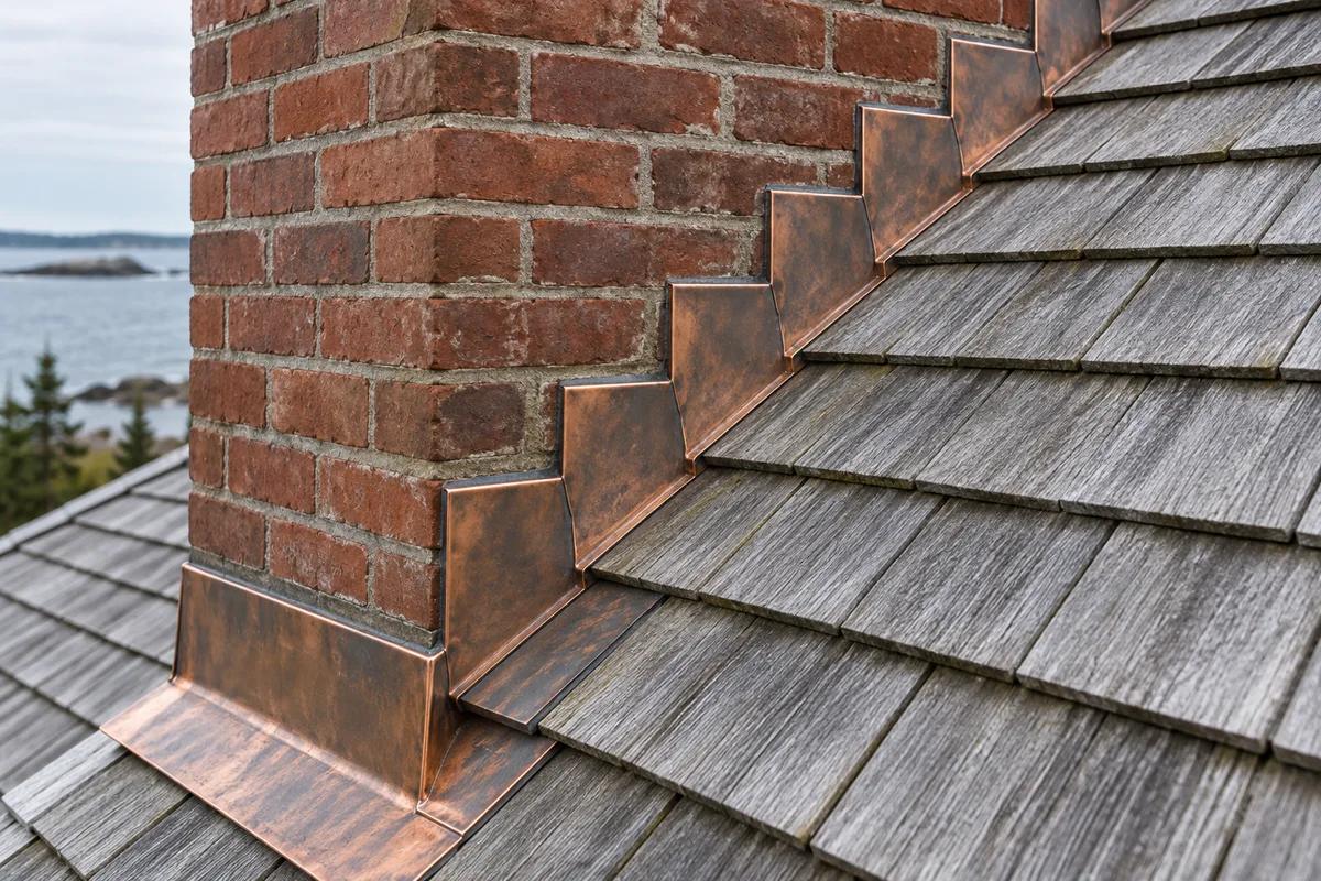 Metal flashing where a shingled roof meets a chimney