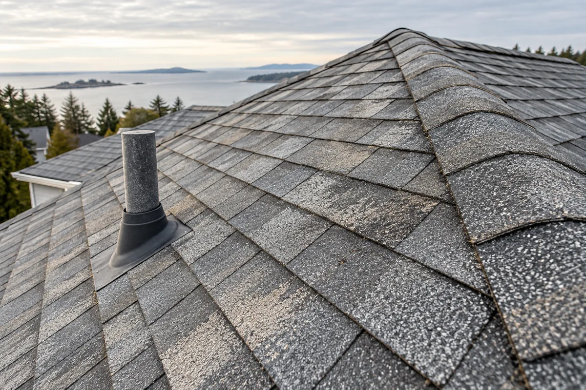 Asphalt roof ridge and a vent pipe viewed for condition assessment
