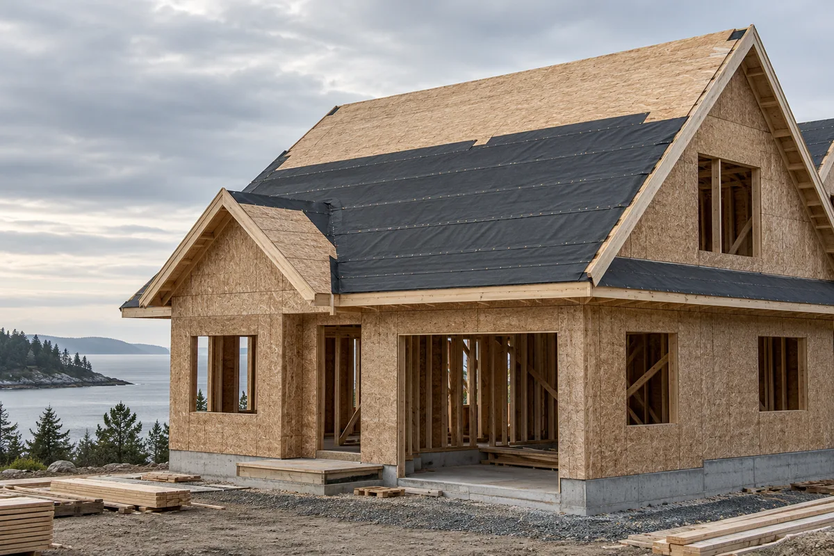 New wood-sheathed house with roof underlayment partly installed