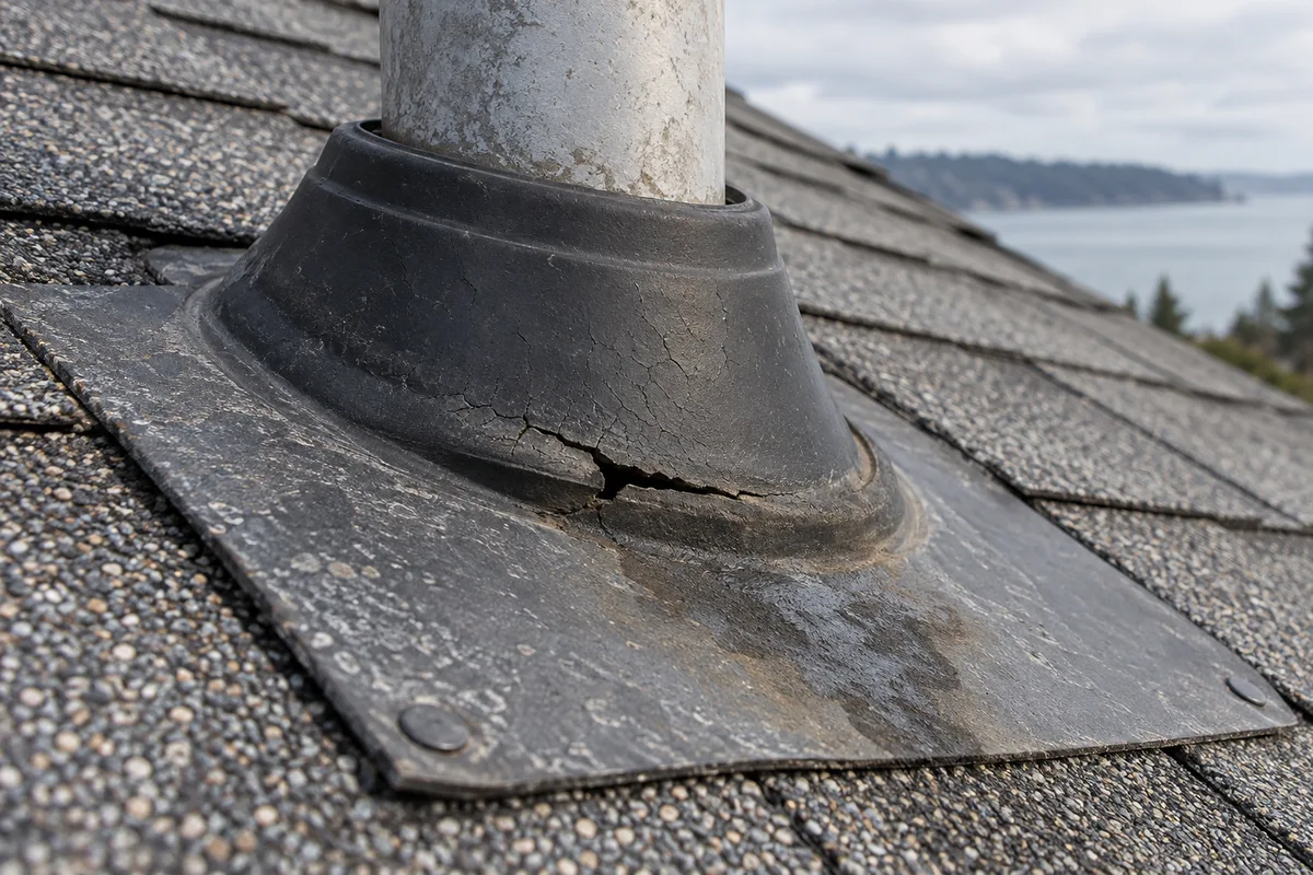 Rain-wet roof intersection beside a chimney