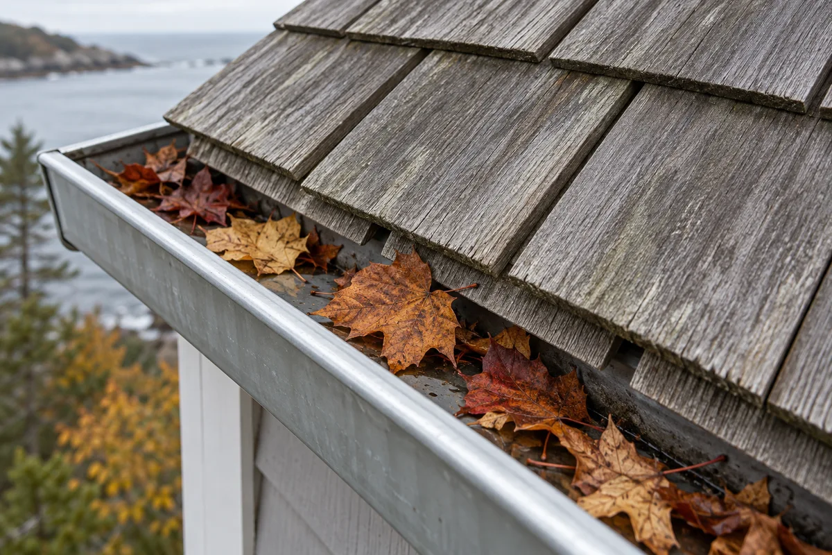 Leaves accumulated in a gutter beneath cedar shingles