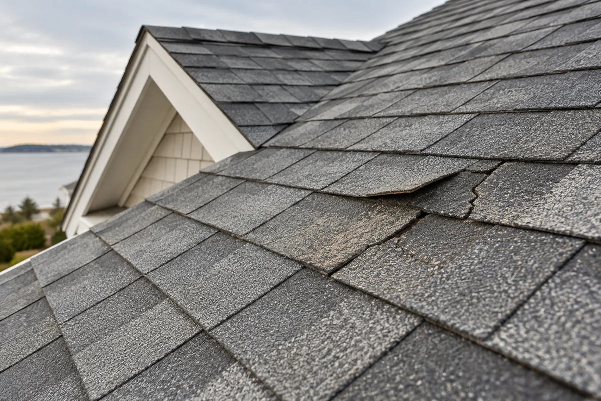 Lifted and damaged asphalt shingles beside a gabled roof