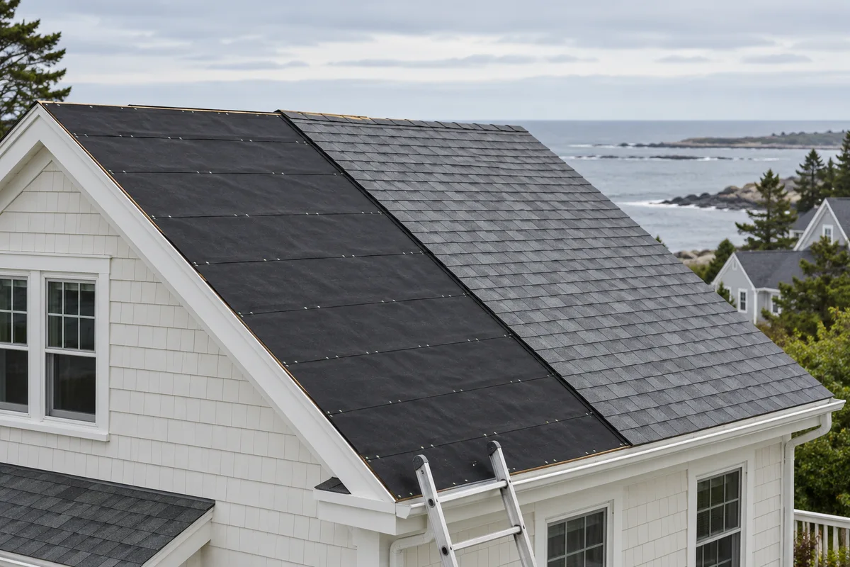 Roof covering removed from one slope beside existing shingles