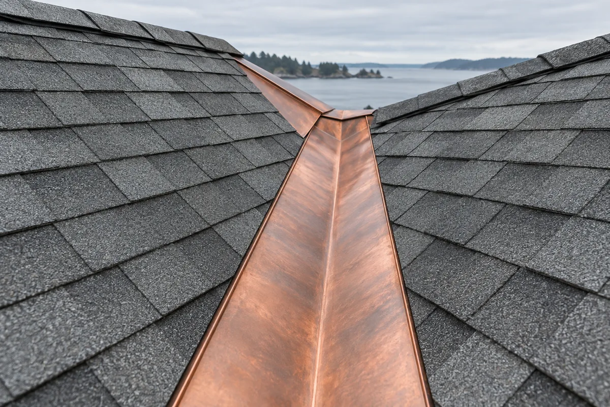 Metal-lined valley between two shingled roof slopes