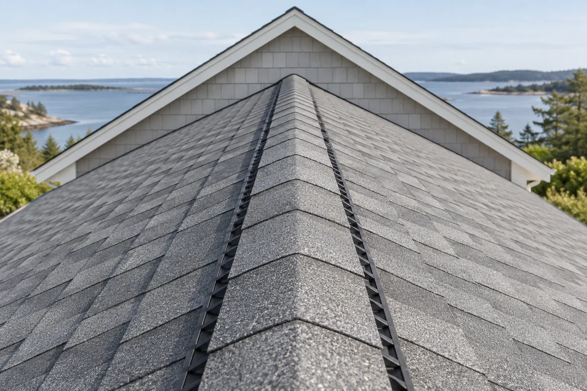 Ridge cap with ventilation along a pitched shingle roof
