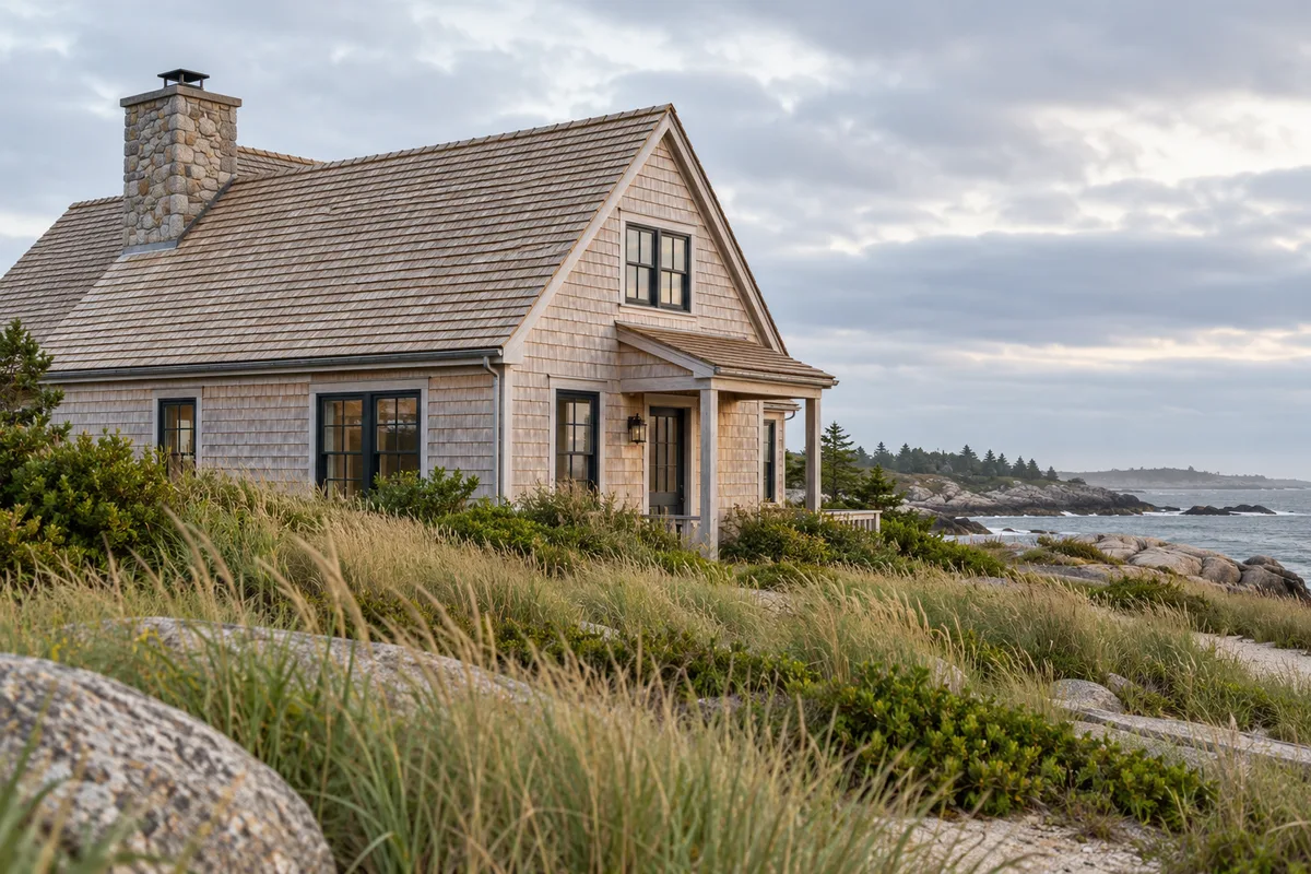 Cedar-roofed coastal cottage beside beach grass