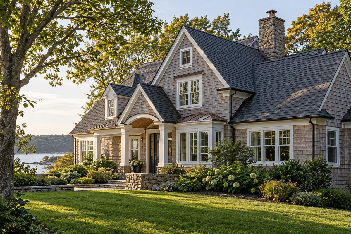 Weathered shingle house with intersecting pitched rooflines and mature trees