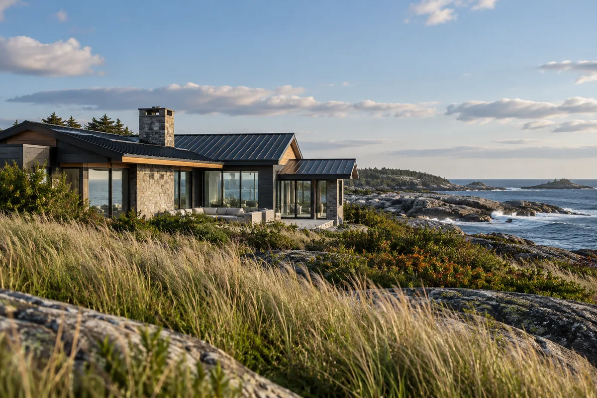 Dark coastal roof above wind-shaped grasses under an open sky
