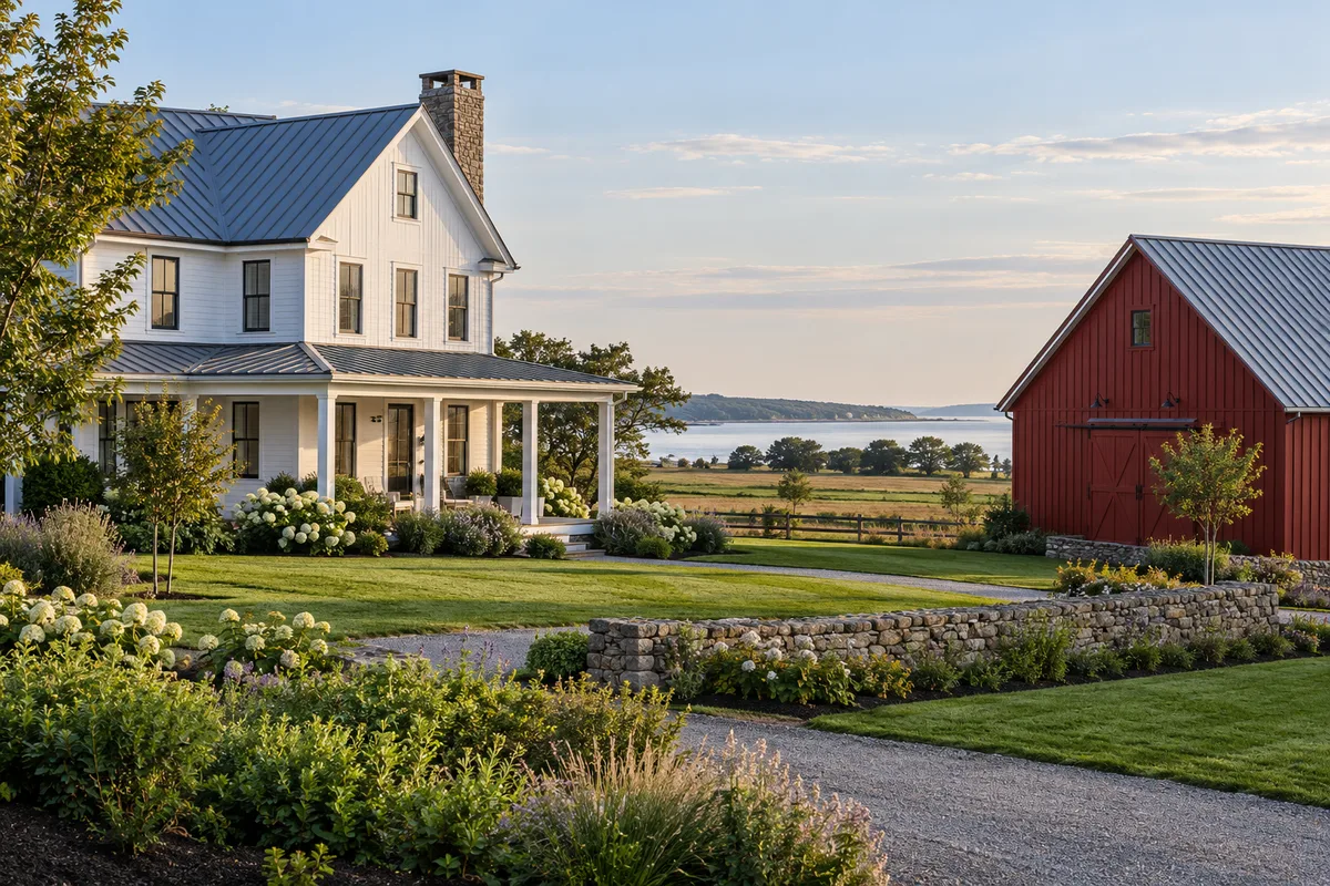 Farmhouse and gabled outbuilding beside an open field