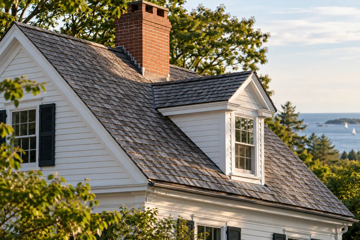 Clapboard house roof with a dormer and brick chimney