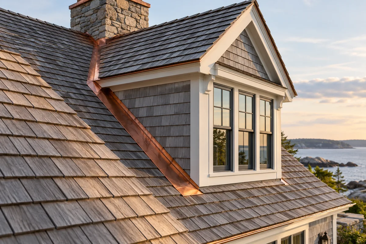 Shingled roof intersection with a dormer and copper valley
