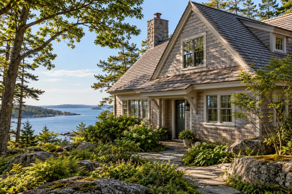 Wood-shingled cottage roof beneath mature trees