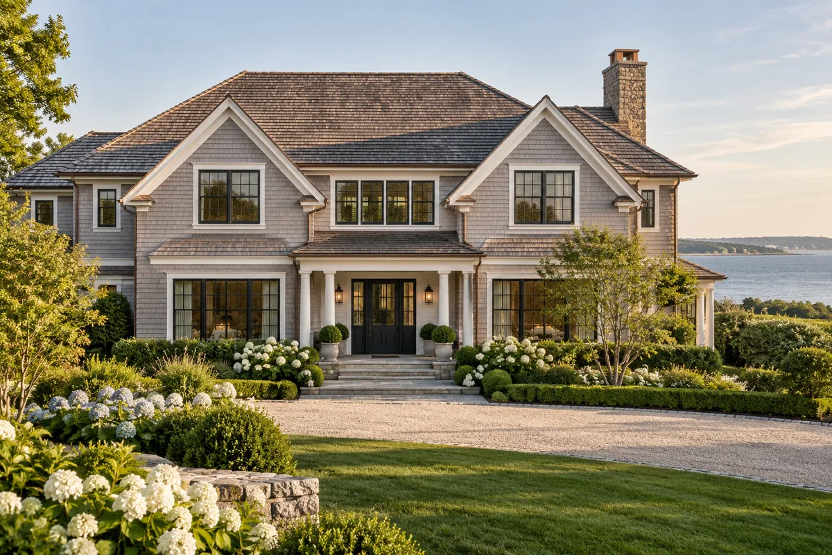 Layered hips and gables on a traditional shingle-style house