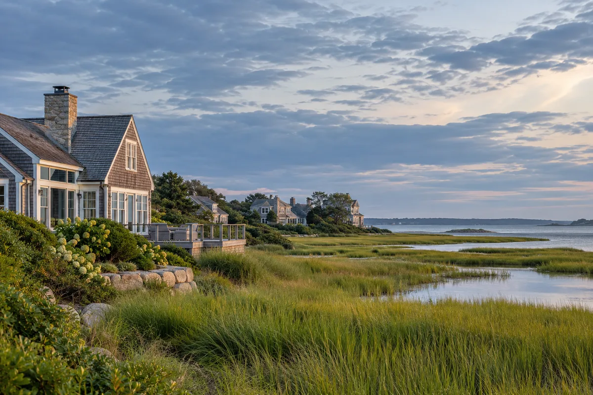 Shingled cottages beside a coastal salt marsh