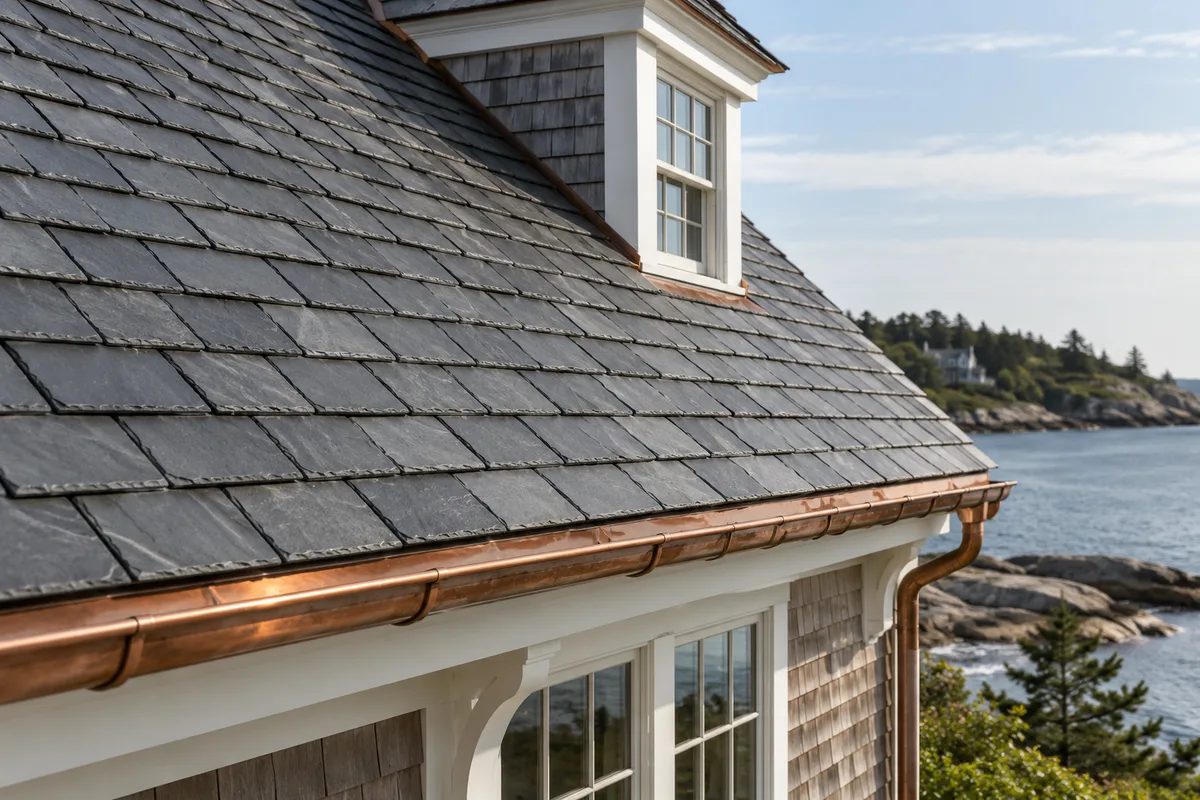 Natural slate roof with overlapping rectangular pieces