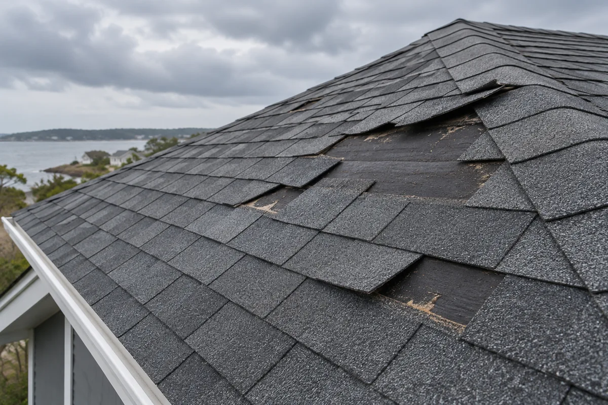 Wind-disturbed shingles near a roof edge